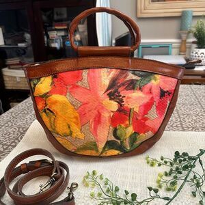Patricia Nash Brown Leather & Straw Multicolor‎ Oliena Zip Top Satchel Crossbody